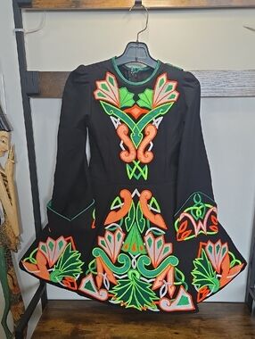 Black Irish Dance Dress with Neon Green & Orange Embroidery 4/5 Vtg Recital Comp